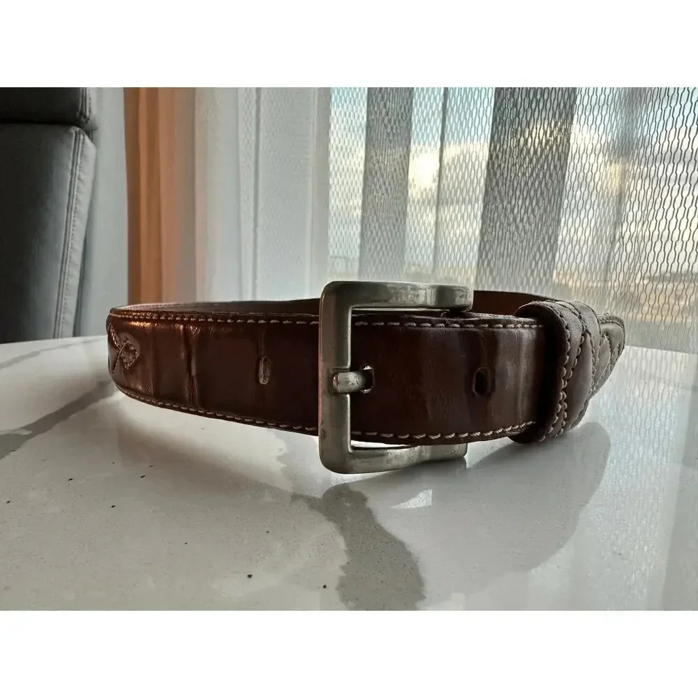 Vintage Fossil Brown Diamond Stitch Pattern Leather Belt mens small